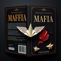 Create an aesthetic book cover featuring elements of the mafia, law, origami, and family