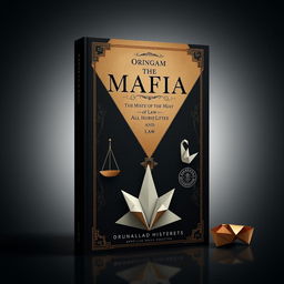 Create an aesthetic book cover featuring elements of the mafia, law, origami, and family