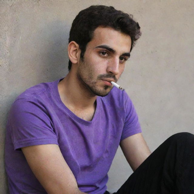 A 25-year-old Iranian man in a purple t-shirt and black pants, sitting behind a wall, smoking in a contemplative manner.