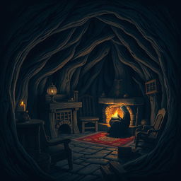 Create a Dungeons & Dragons inspired image of the interior of a dark cabin made from a tree trunk