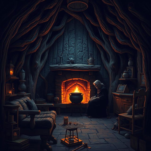 Create a Dungeons & Dragons inspired image of the interior of a dark cabin made from a tree trunk