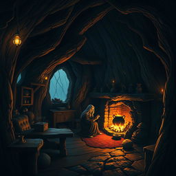 Create a Dungeons & Dragons inspired image of the interior of a dark cabin made from a tree trunk