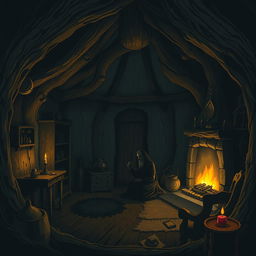 Create a Dungeons & Dragons inspired image of the interior of a dark cabin made from a tree trunk