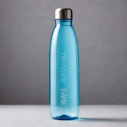 A HD image of a sleek and vibrant water bottle labeled 'HYDROCHARGE', filled with crystal clear, sparkling, caffeinated water