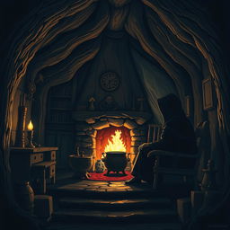 Create a Dungeons & Dragons inspired image of the interior of a dark cabin made from a tree trunk