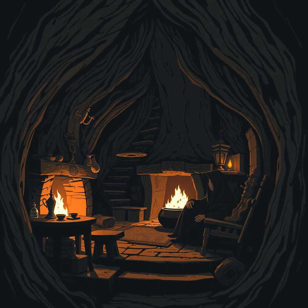 Create a Dungeons & Dragons inspired image of the interior of a dark cabin made from a tree trunk