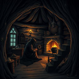 Create a Dungeons & Dragons inspired image of the interior of a dark cabin made from a tree trunk