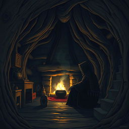 Create a Dungeons & Dragons inspired image of the interior of a dark cabin made from a tree trunk