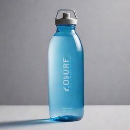 A HD image of a sleek and vibrant water bottle labeled 'HYDROCHARGE', filled with crystal clear, sparkling, caffeinated water