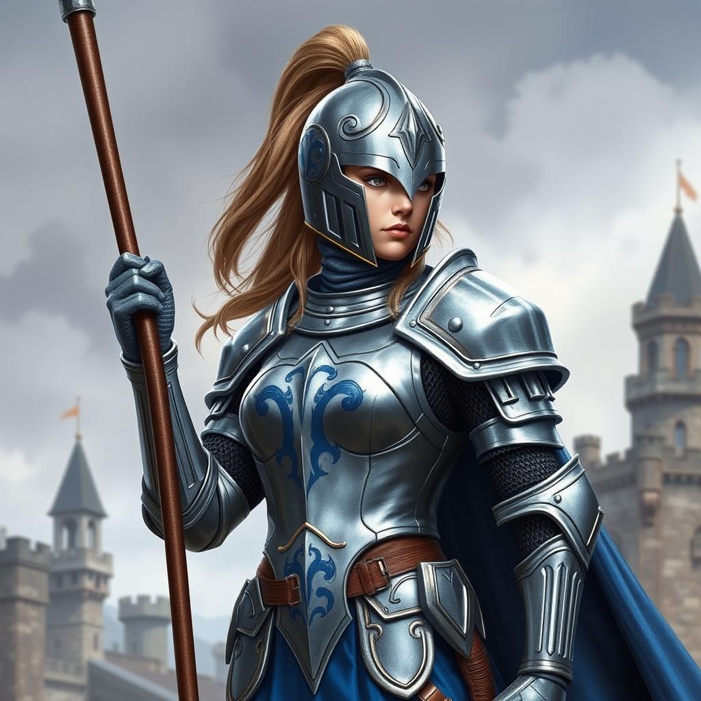 A female knight in silver and blue armor, holding a spear and wearing a full helmet with a long ponytail behind