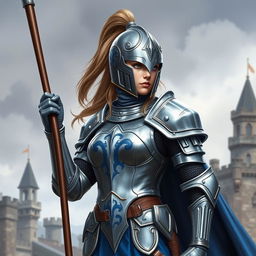 A female knight in silver and blue armor, holding a spear and wearing a full helmet with a long ponytail behind