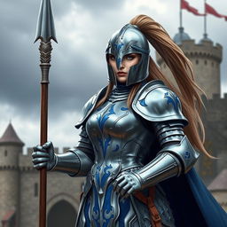 A female knight in silver and blue armor, holding a spear and wearing a full helmet with a long ponytail behind