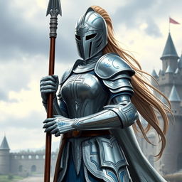 A female knight in silver and blue armor, holding a spear and wearing a full helmet with a long ponytail behind