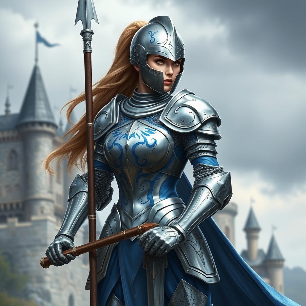 A female knight in silver and blue armor, holding a spear and wearing a full helmet with a long ponytail behind