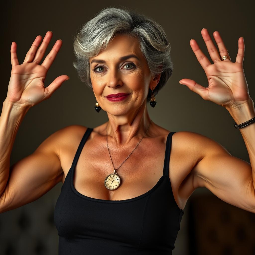 A sexy older woman wearing a tank top with her hands up, showcasing her confidence and allure