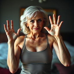 A sexy older woman wearing a tank top with her hands up, showcasing her confidence and allure