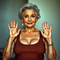 A sexy older woman wearing a tank top with her hands up, showcasing her confidence and allure