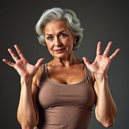 A sexy older woman wearing a tank top with her hands up, showcasing her confidence and allure