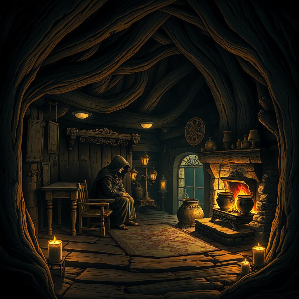 Create a Dungeons & Dragons inspired image of the interior of a dark cabin made from a tree trunk in a more terrifying style