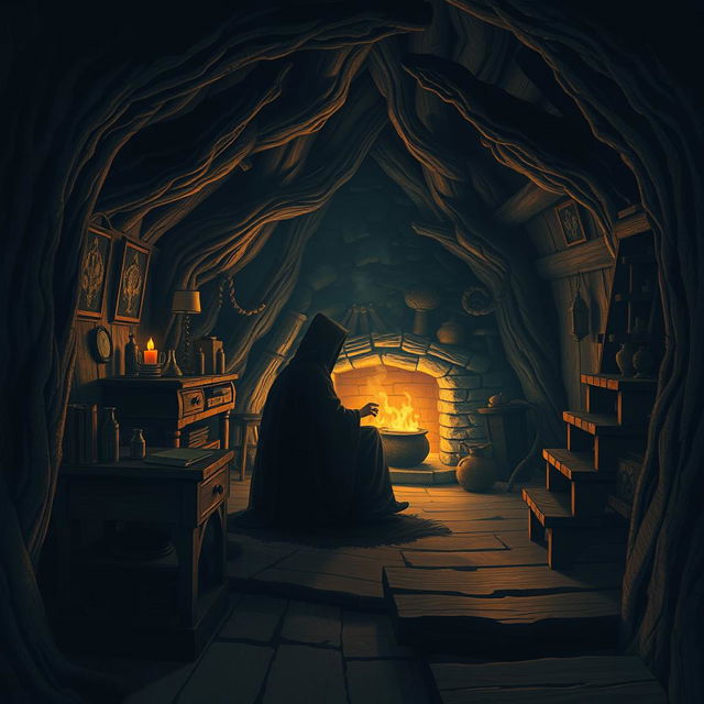 Create a Dungeons & Dragons inspired image of the interior of a dark cabin made from a tree trunk in a more terrifying style