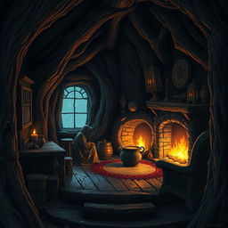 Create a Dungeons & Dragons inspired image of the interior of a dark cabin made from a tree trunk in a more terrifying style