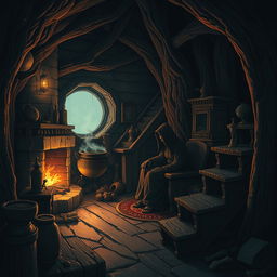 Create a Dungeons & Dragons inspired image of the interior of a dark cabin made from a tree trunk in a more terrifying style