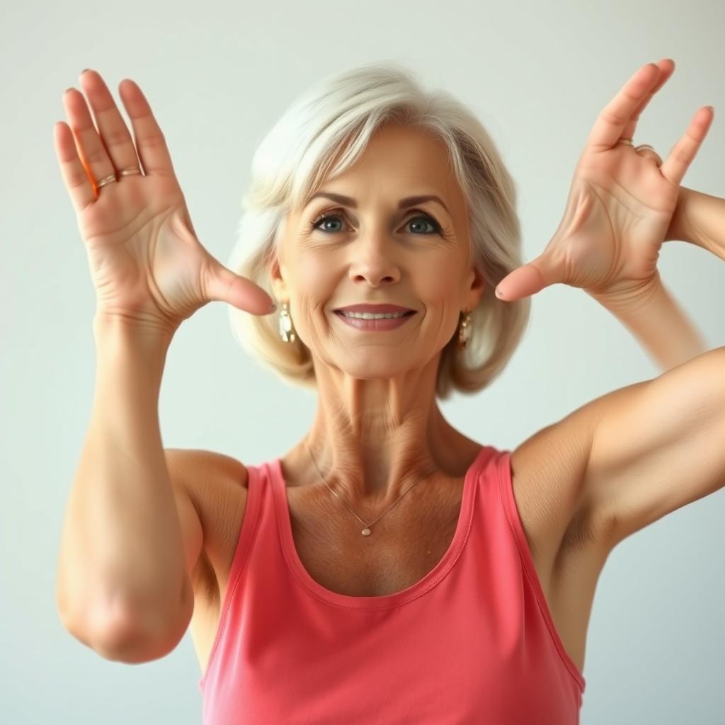 A confident and attractive older woman wearing a tank top with her hands up, revealing her armpits