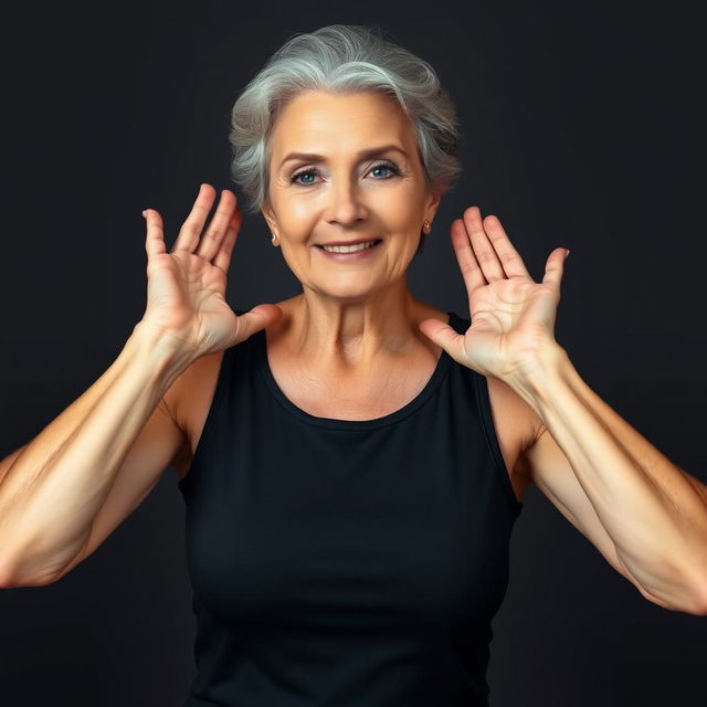 A confident and attractive older woman wearing a tank top with her hands up, revealing her armpits