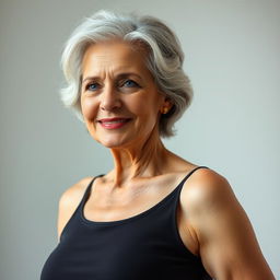 A confident and attractive older woman wearing a tank top, showing her armpits