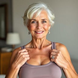 A confident and attractive older woman wearing a tank top, showing her armpits