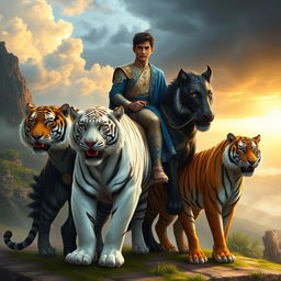 Create a highly realistic book cover featuring the Prince of Java, a young man with dark skin and golden eyes, riding Kianah, a giant black tiger with black stripes