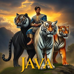 Create a highly realistic book cover featuring the Prince of Java, a young man with dark skin and golden eyes, riding Kianah, a giant black tiger with black stripes