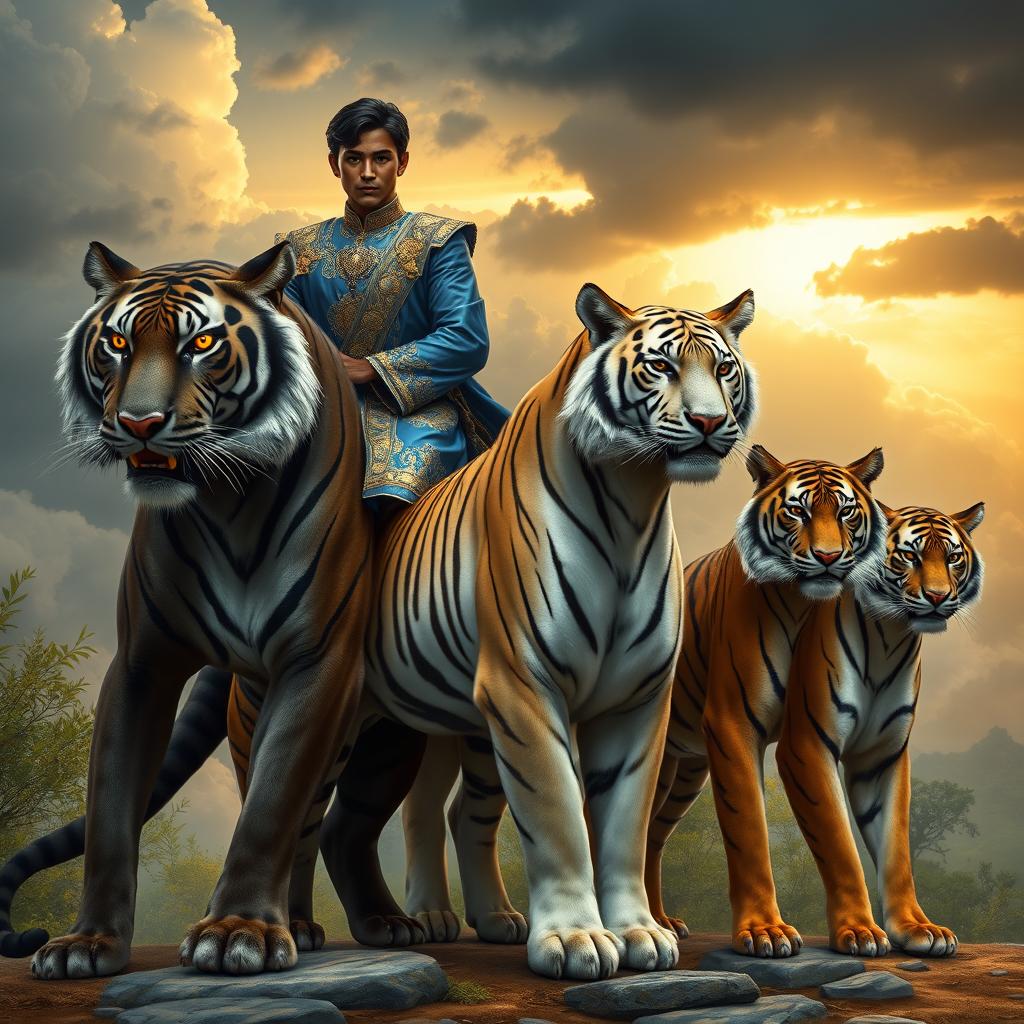 Create a highly realistic book cover featuring the Prince of Java, a young man with dark skin and golden eyes, riding Kianah, a giant black tiger with black stripes