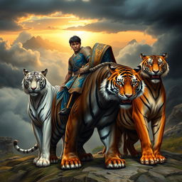 Create a highly realistic book cover featuring the Prince of Java, a young man with dark skin and golden eyes, riding Kianah, a giant black tiger with black stripes