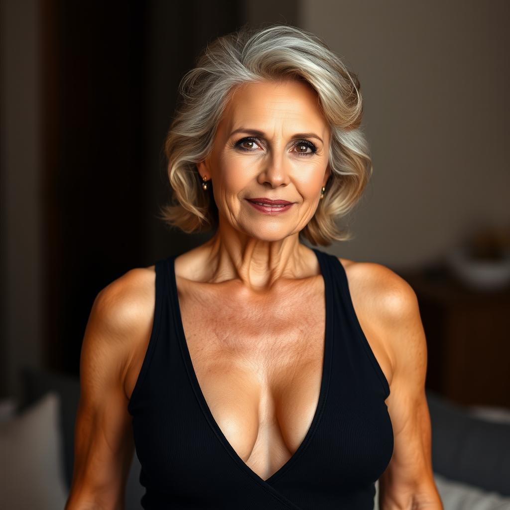 A confident and attractive older woman wearing a tank top, revealing some cleavage