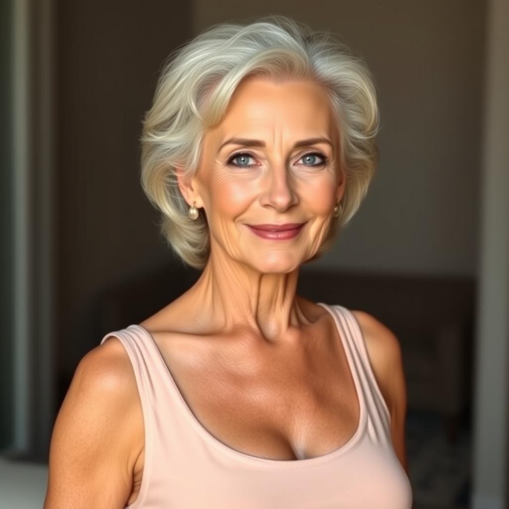 A confident and attractive older woman wearing a tank top, revealing some cleavage