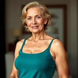 A confident and attractive older woman wearing a tank top, revealing some cleavage