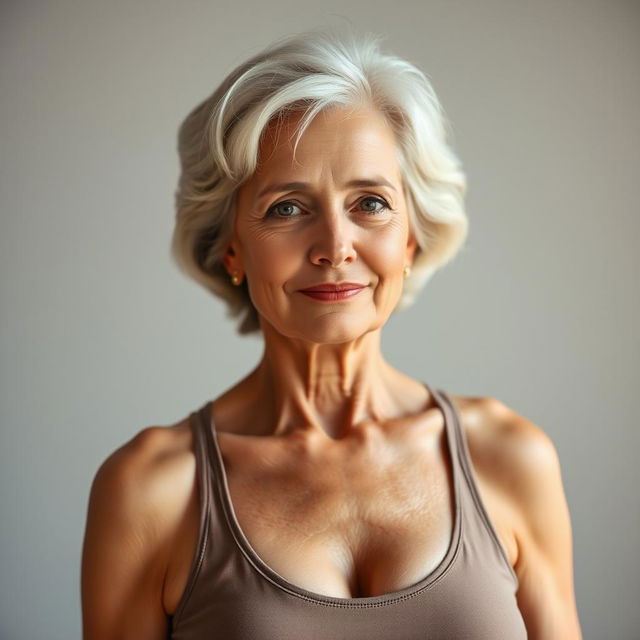 A confident and attractive older woman wearing a tank top, showing some cleavage