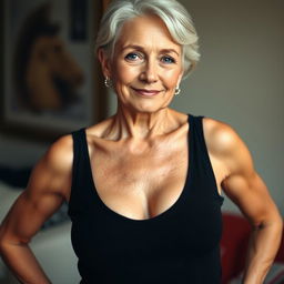 A confident and attractive older woman wearing a tank top, showing some cleavage