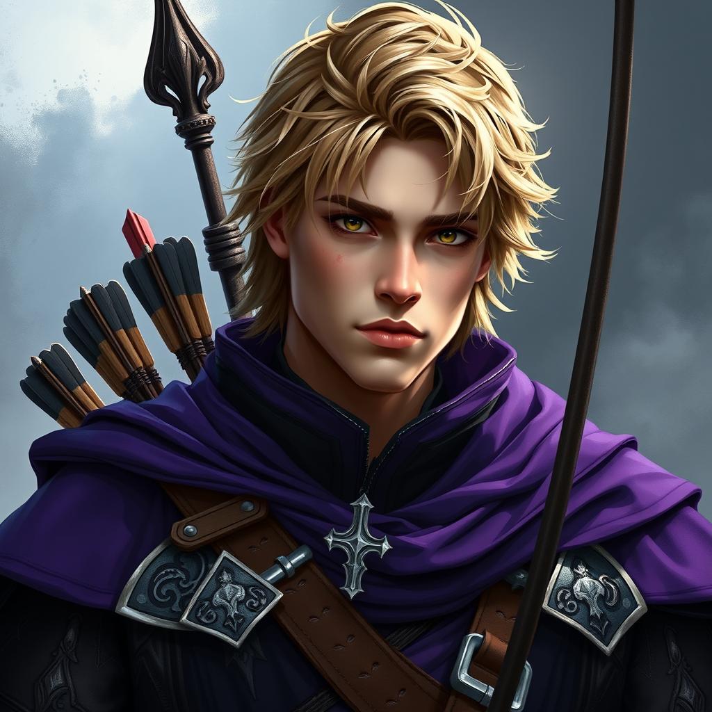 Create an image of Kaelion Valle, a young archer from Skyreach, around 22 years old