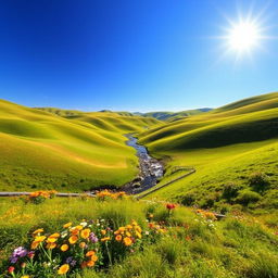 A beautiful landscape with rolling hills, a clear blue sky, and a bright sun