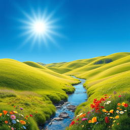 A beautiful landscape with rolling hills, a clear blue sky, and a bright sun