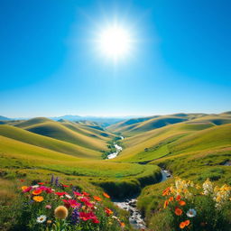 A beautiful landscape with rolling hills, a clear blue sky, and a bright sun