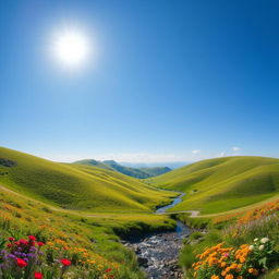 A beautiful landscape with rolling hills, a clear blue sky, and a bright sun