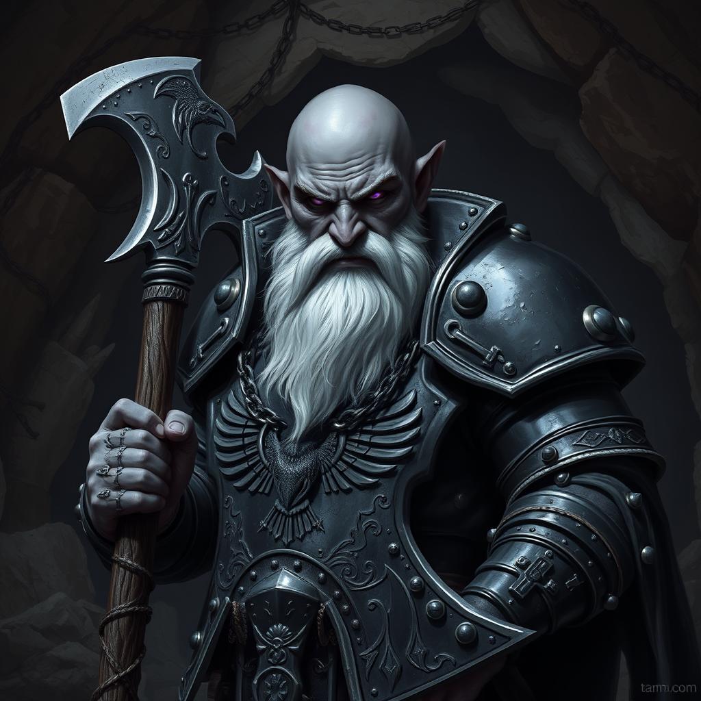 A bald duergar with black skin, heavily white bearded, and purple eyes