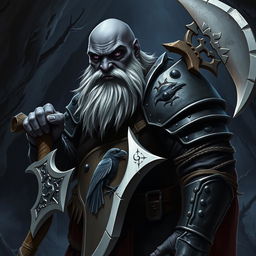 A bald duergar with black skin, heavily white bearded, and purple eyes