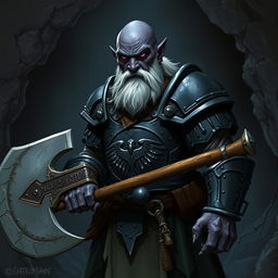 A bald duergar with black skin, heavily white bearded, and purple eyes