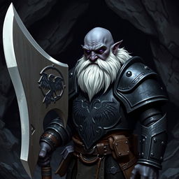 A bald duergar with black skin, heavily white bearded, and purple eyes