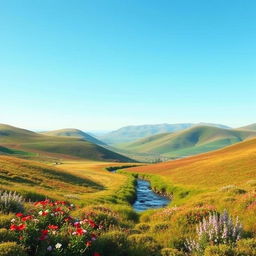 A serene landscape with gently rolling hills and a clear blue sky