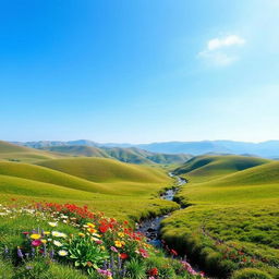 A serene landscape with gently rolling hills and a clear blue sky